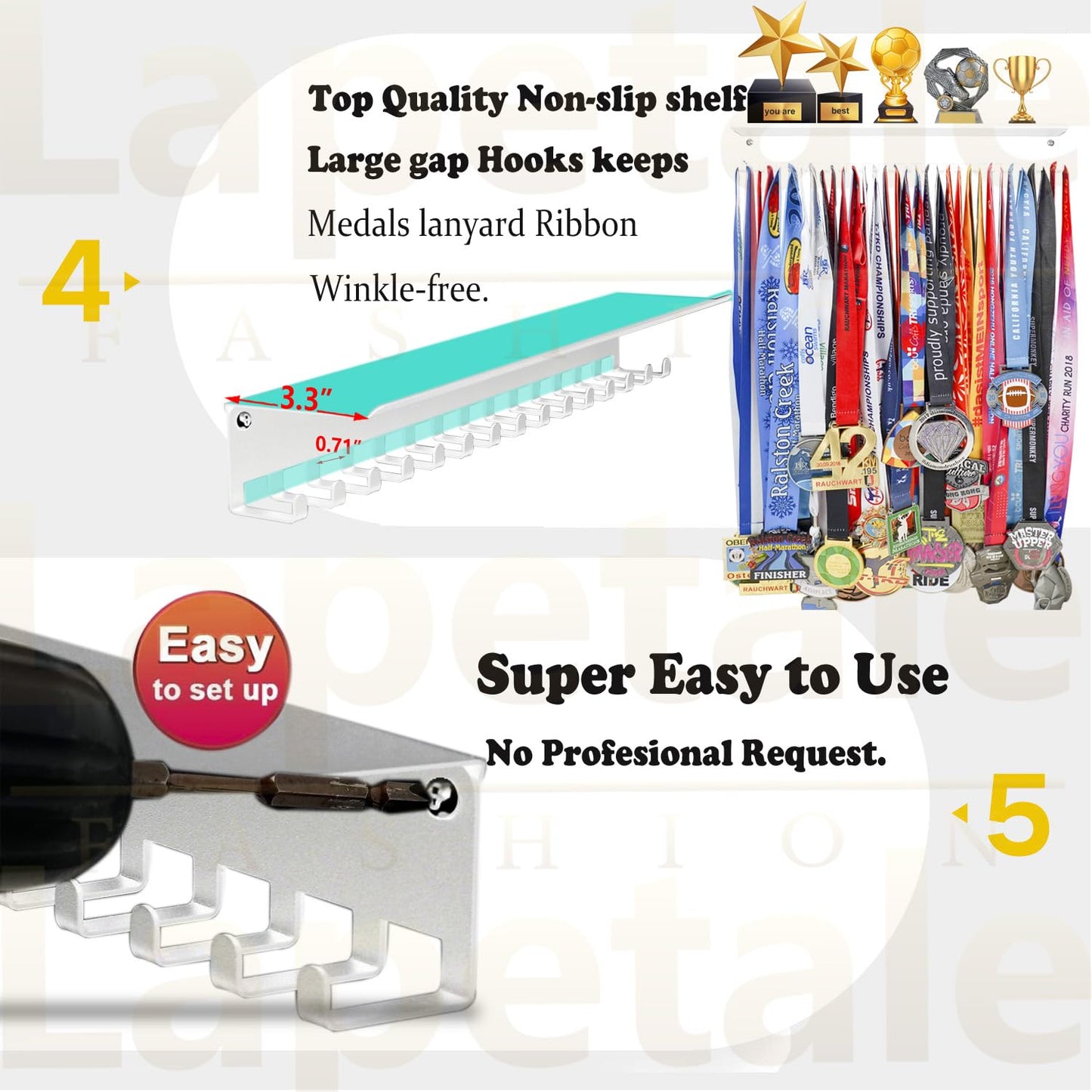 Lapetale Fashion Non-Slip Trophy Shelf - 16 Inch Medal Hanger Display for Wall with Upgraded Shelves for Trophies, Gymnastics, Soccer, Swim