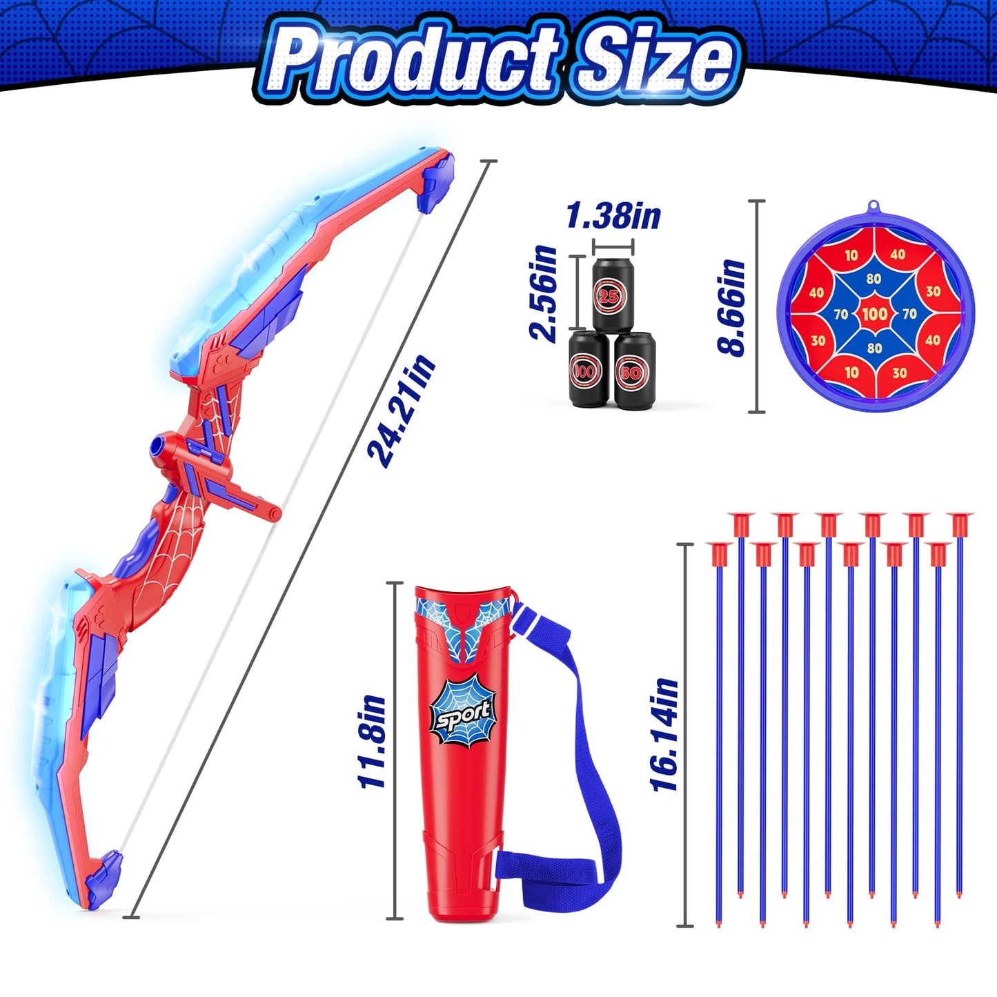 HYES Bow and Arrow for Kids, LED Light Up Archery Set with 12 Suction Cup Arrows, 1 Hanging Target, 3 Score Targets & 1 Quiver, Indoor Outdoor Sport Gifts for Boys Girls Ages 4-12, Blue