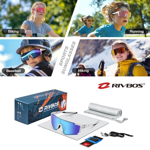 RIVBOS Youth Baseball Sunglasses for Kids(Boys&Girls) Polarized UV Protection Cycling Glasses BlackWhite InkDot-ice Blue lens RYS008