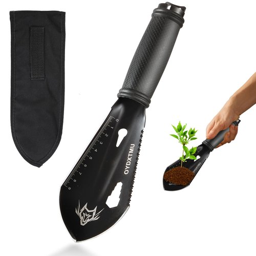 OYDXTMU Backpacking Shovel, Small Camping Trowel,9 in 1 Hand Shovel, Garden Trowel Hand Tool with Carrying Pouch for Gardening, Outdoor, Survival, Digging, Black