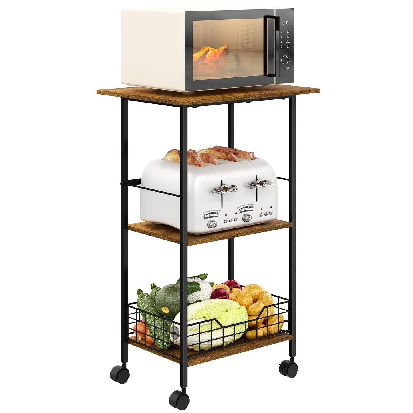 Microwave Cart with Storage, 3-Tier Rolling Kitchen Stand with Wire Basket, Wood and Metal Utility Cart on Wheels, Coffee Bar Station, Small Baker’s Rack As Kitchen Island, Microwave Shelf Organizer