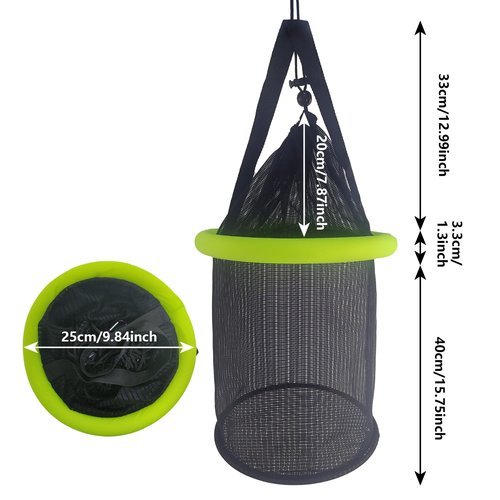 Aventik Floating Fish Basket Nylon Net Cage for Live Bait Storage, Kayak Fishing Accessories, 15.7in/40cm Height 9.8'' Diameter (Diameter of The Bottom: 9.8"/25cm)