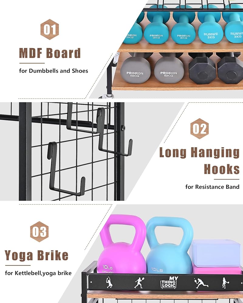 Mythinglogic Home Gym Storage Rack with Wheels (Dumbbells & Yoga Mats) - Black+Wood