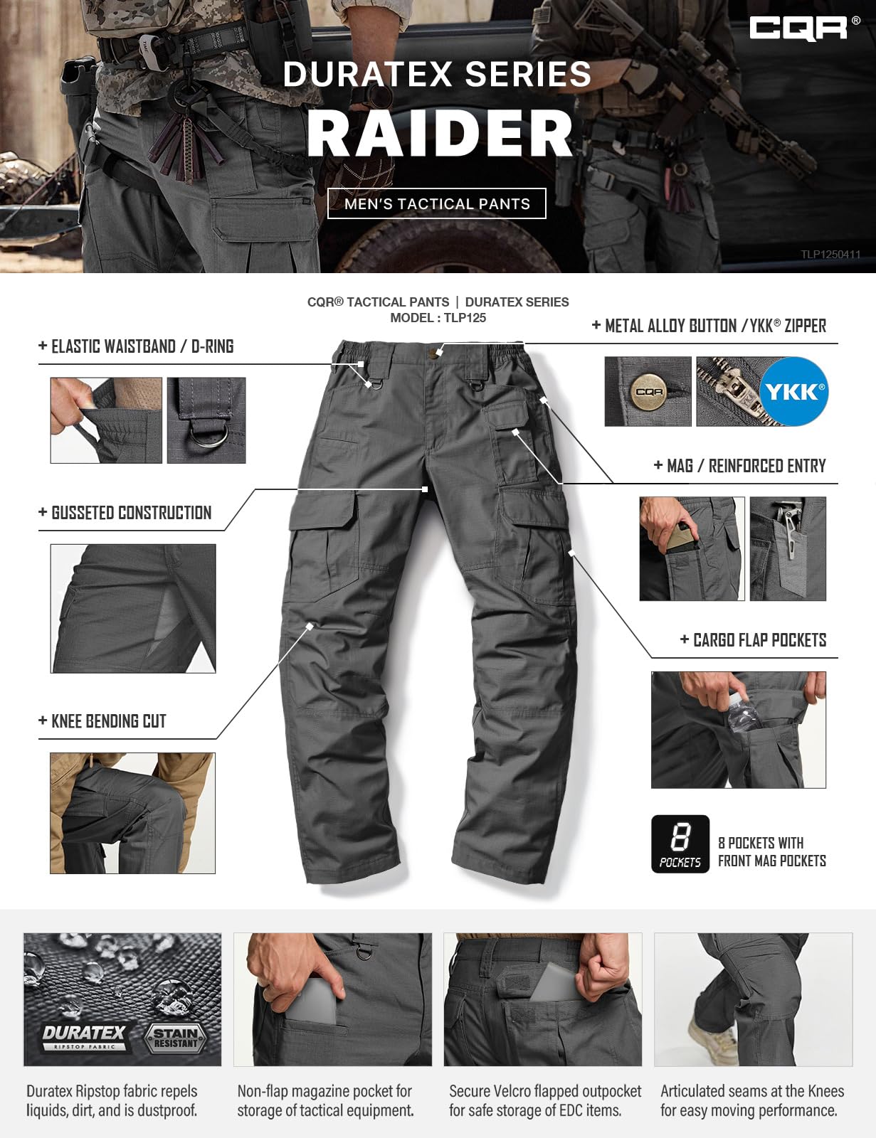 CQR Men's Tactical Pants, Water Resistant Ripstop Cargo Pants, Lightweight EDC Work Hiking Pants, Outdoor Apparel, Duratex Mag Pocket Charcoal, 38W x 34L