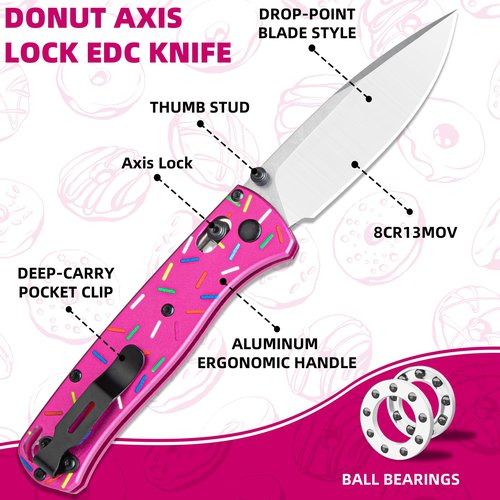 Donut Pocket Folding Knife for Women Men, D2 Steel Axis Lock Knife, Unique Donut Design Aluminum Handle Folding Knives with Reversible Pocket Clip
