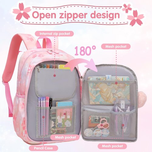 Alrisg Lovely Girls Backpack School Bag for Students Kids Book Bag with Multiple Pockets Splash-proof Children's Backpack（17inch Pink）