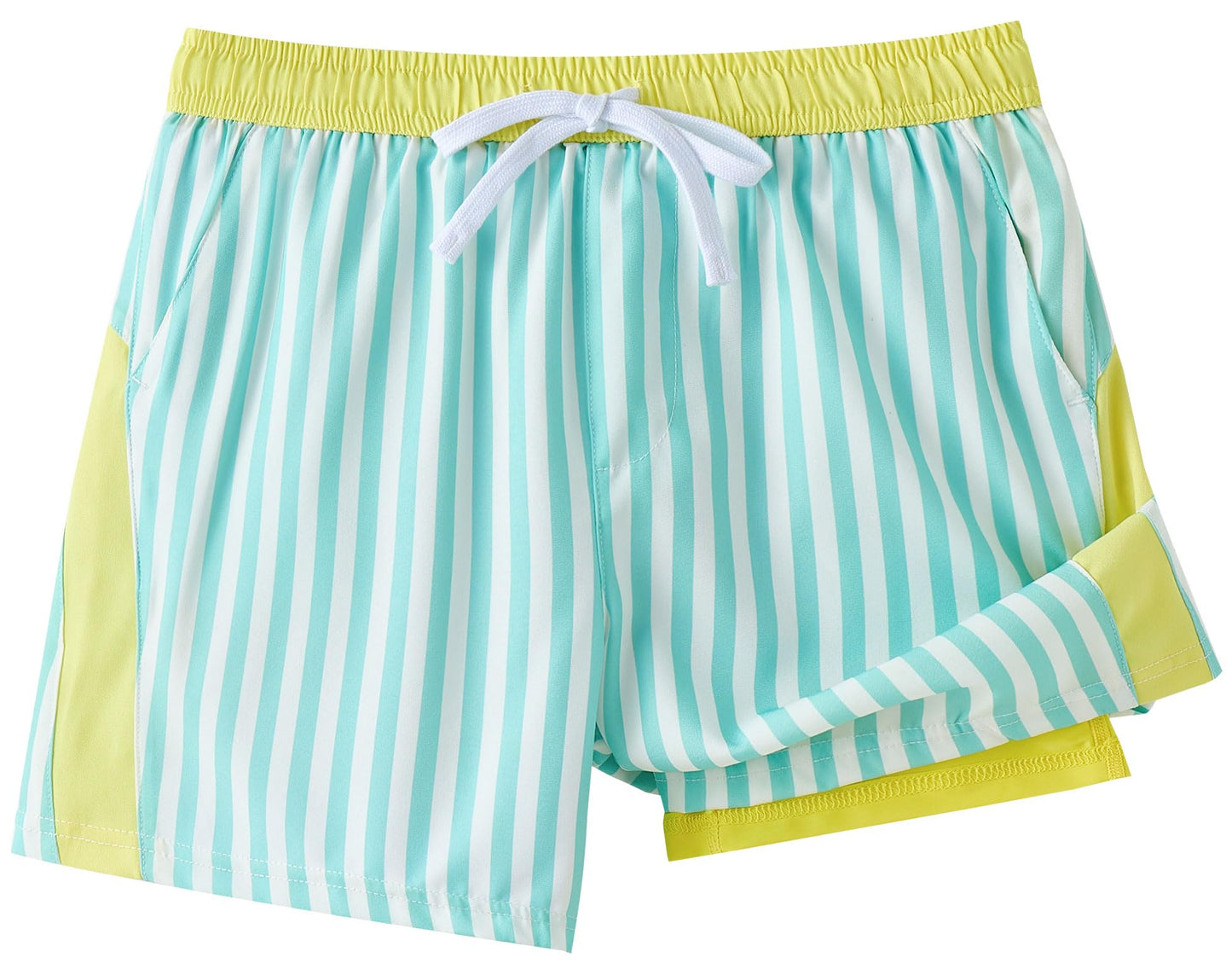 UMELOK Boys Swim Trunks with Compression Liner Kids Stretch Quick Dry Swimming Shorts Toddler Bathing Suit with UPF 50+ Green and White Stripes,10-12Y