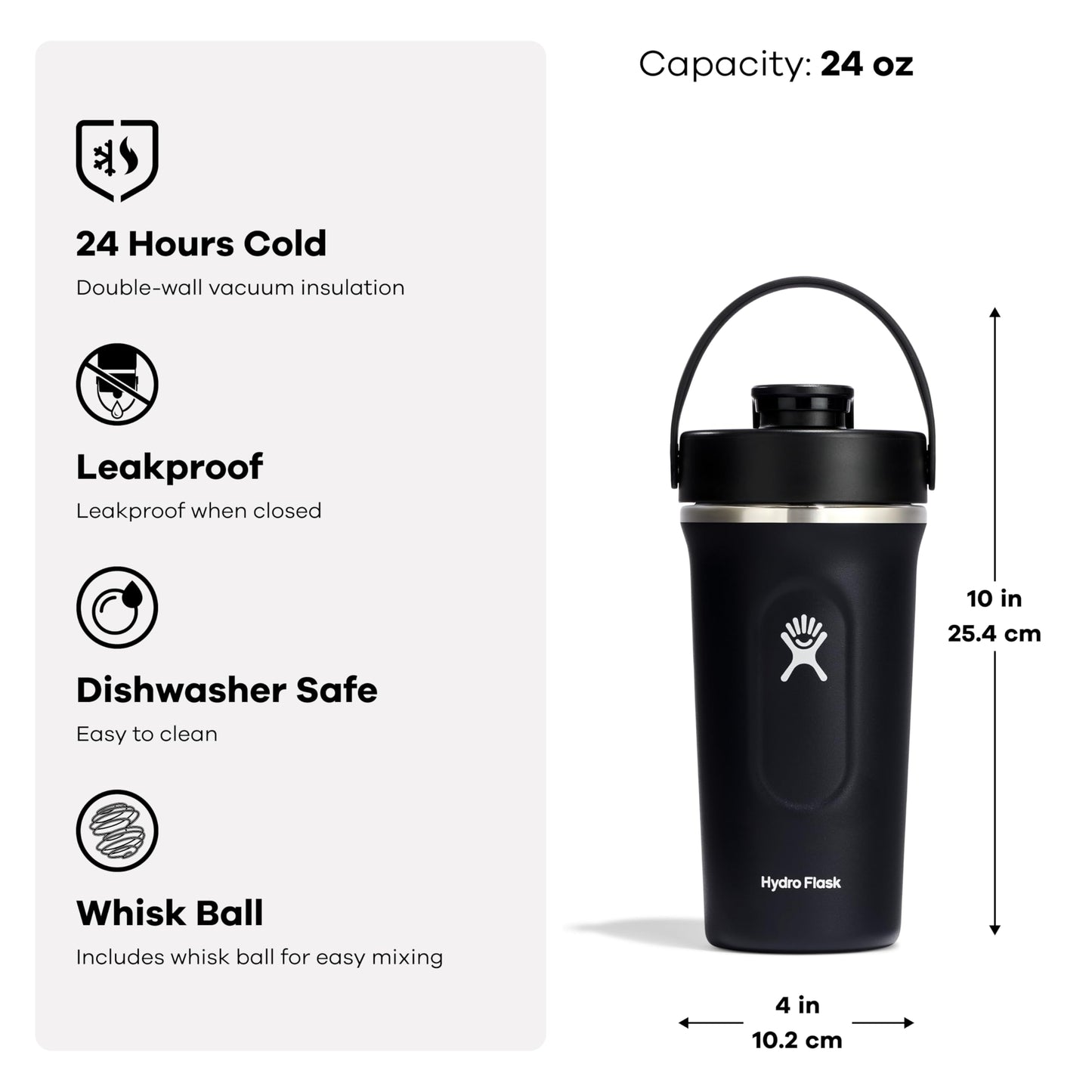 Hydro Flask Shaker Bottle – Insulated Stainless Steel Gym Bottle for Pre Workout & Protein 24 Oz Black