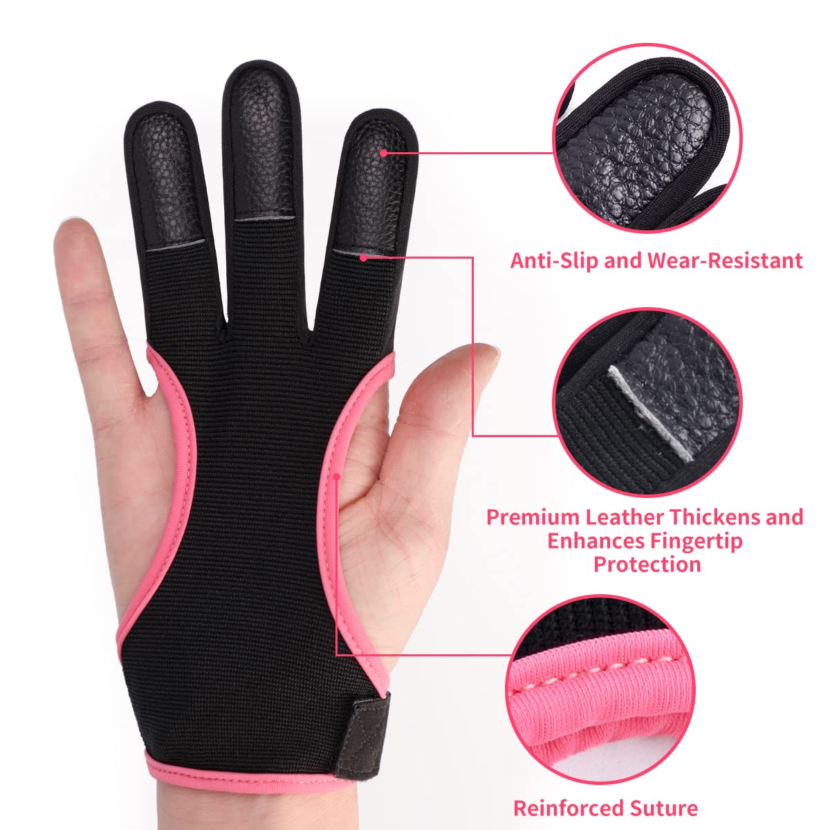 LWANO Archery Gloves Leather Practice Hunting Three Finger Protector for Youth Adult Beginner (Pink, Medium)