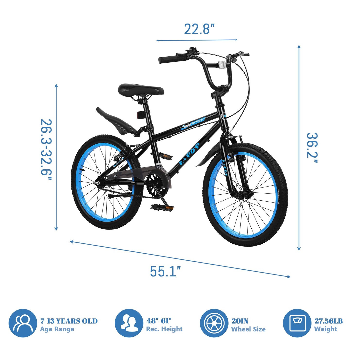 20 Inch Kids' Bike for Boys Aged 7-12, BMX-Style Bike for Kids, Lightweight Children's Bicycles, Kids' Bicycles with Front and Rear Brakes, Adjustable Seat
