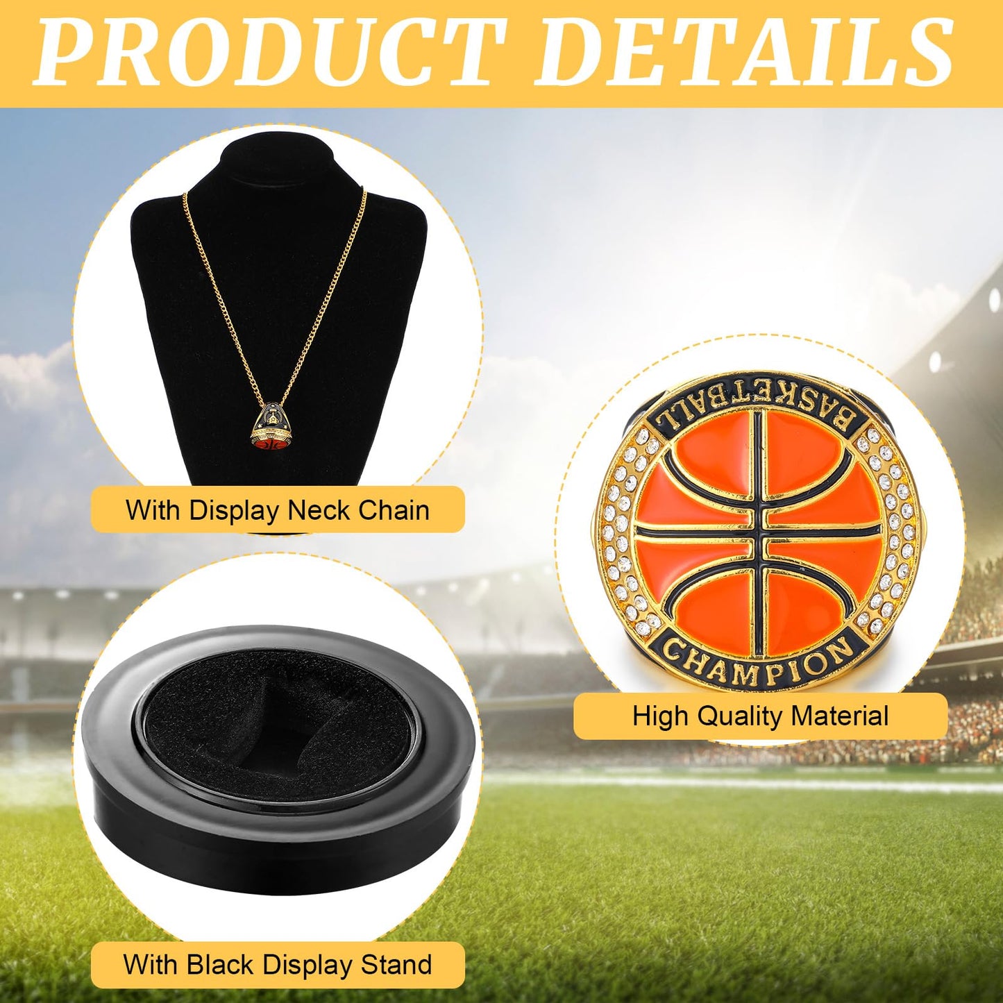 Highergo 1 PC Champion MVP Rings Baseball Soccer Basketball Volleyball Football Softball Trophy Ring with Display Stand and Neck Chain Size 11 for Winner Tournament Award Gift(Basketball)