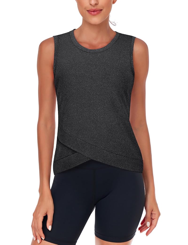 LURANEE Women's Crossover Hem Crop Tank Top - Black Large, Workout Yoga Activewear