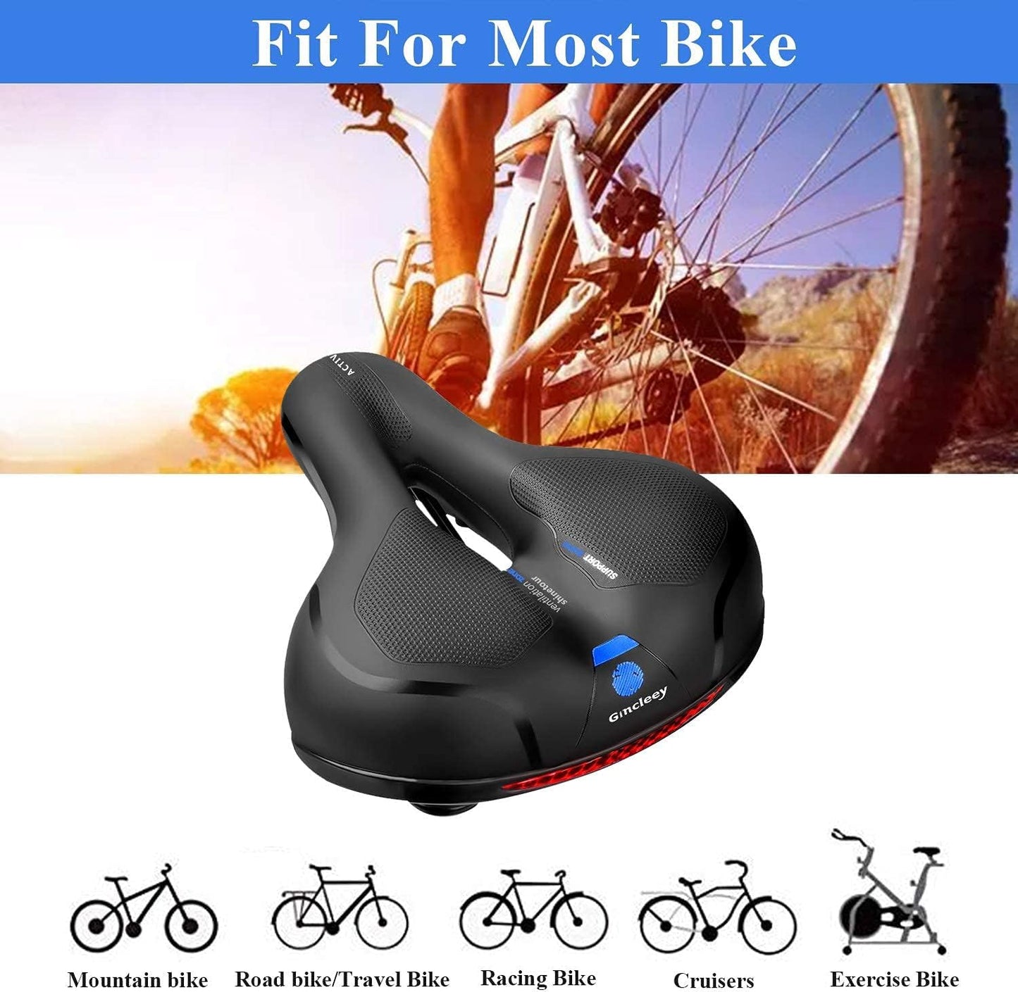 Gincleey Comfort Bike Seat for Women Men,Wide Bicycle Saddle Replacement Memory Foam Padded Soft Bike Cushion with Dual Shock Absorbing Universal Fit for Indoor/Outdoor Bikes with Reflect