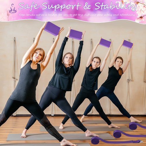 Wettarn 30 Pack Yoga Block and Strap Set 15 Pcs Non-Slip Yoga Blocks with 15 Pcs Metal D Ring Stretching Exercise Workout Fitness Accessory for Gym(Purple)