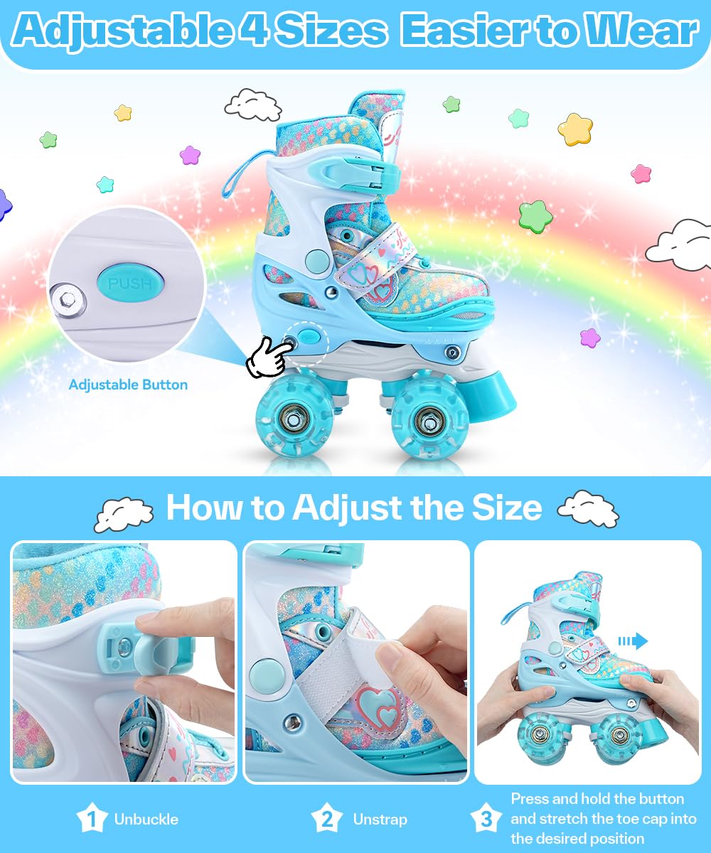 Sportneer Adjustable Kids Roller Skates with Light Up Wheels, 4 Sizes Fit for Girls Boys Ages 5–12, Fun Outdoor Indoor Quad Skates for Beginners, Safe Gift Set with Protective Gear Included