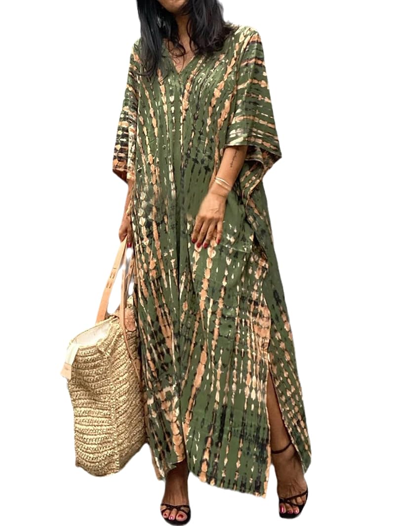 Plus Size Kaftan Dress for Women – Green Coffee Beach Cover-Up