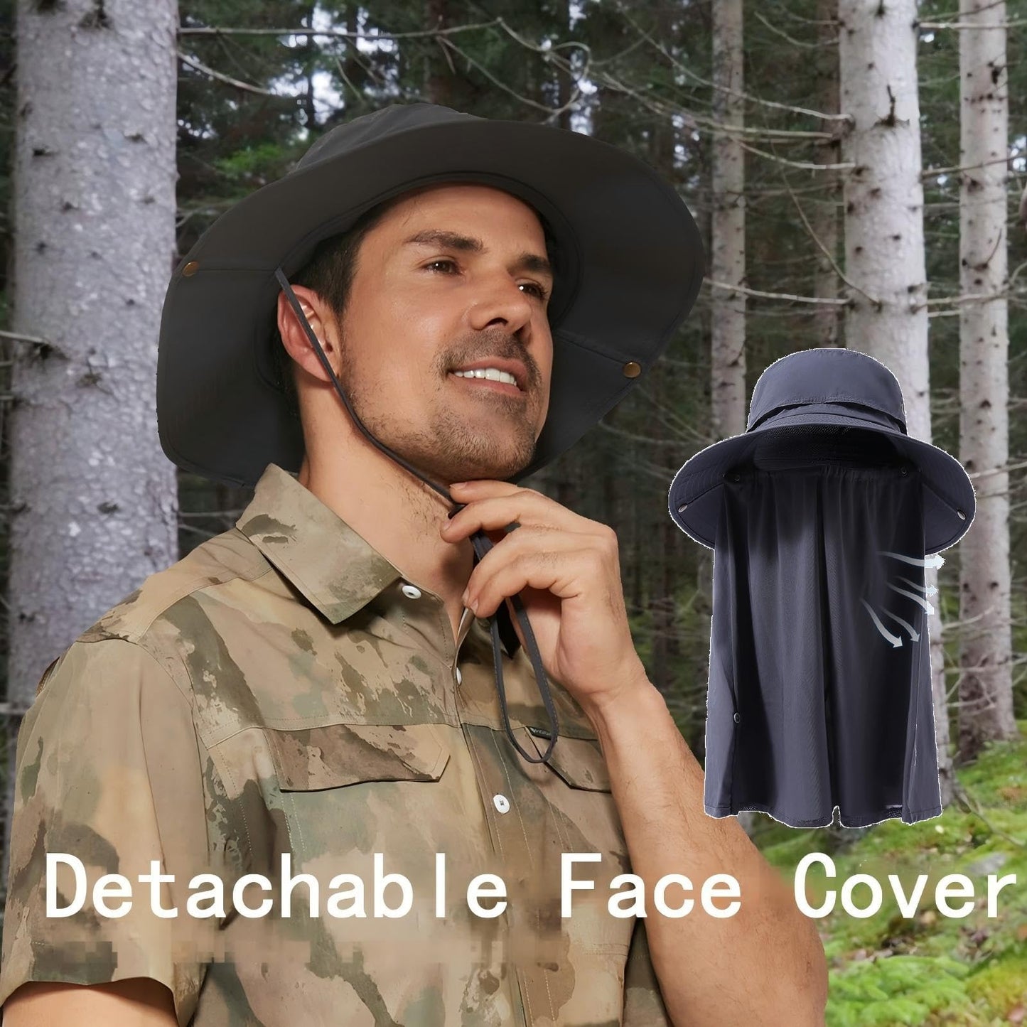 PLCWSCFV Sun Bucket Boonie Hats for Men Waterproof Wide Brim Detachable Neck Flap Face Cover UPF 50+ Packable UV Protection Breathable Fishing Hiking Beach Garden Hat Light Gray Medium Large