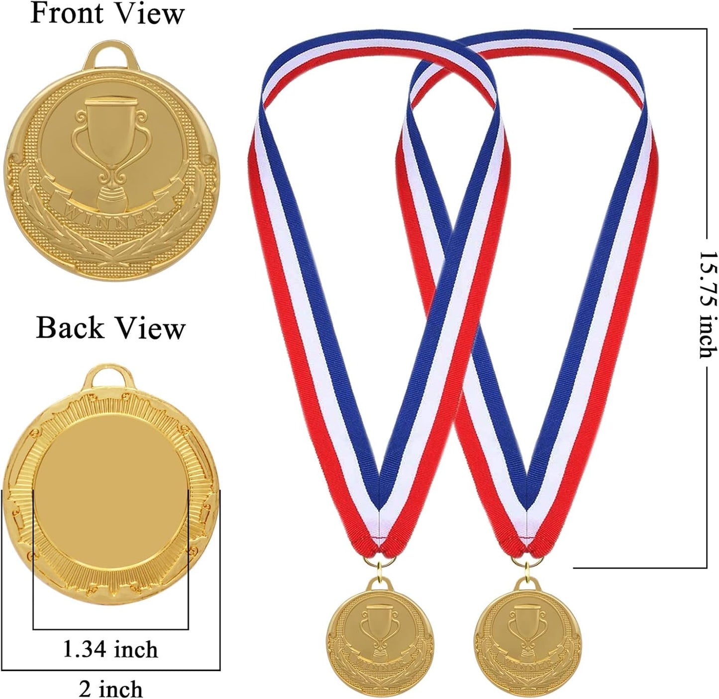 12 Pieces Gold Medals for Awards - Winner Medal Metal with Neck Ribbon Prizes for Kids, Adults, Sports Day, Spelling Bees, Competitions, Party, 2 Inches