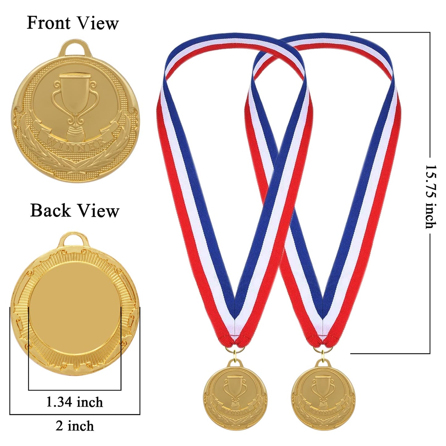 12 Pieces Gold Medals for Awards - Winner Medal Metal with Neck Ribbon Prizes for Kids, Adults, Sports Day, Spelling Bees, Competitions, Party, 2 Inches
