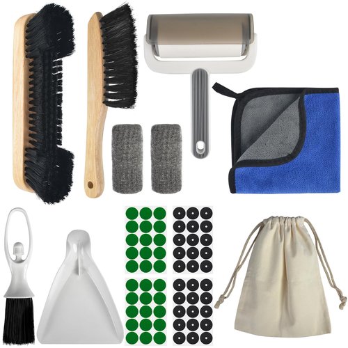 Pool Table Brush for Felt - 12PCS Pool Table Accessories Includes 2 Billiards Brushes, 2 Ferrule Polish Cloths, Cue Cleaning Cloth Lint Roller, Dustpan&Broom, Marker Dots & Repair Patches, Storage Bag