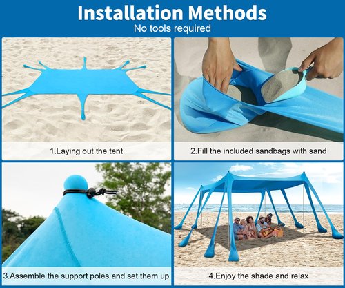 Beach Tent Sun Shelter, Outdoor Pop Up Shade Canopy UPF50+ Protection with 10 Sandbags 4 Stability Poles for Camping, Fishing, Backyard Fun (10×10 FT 4 Pole)
