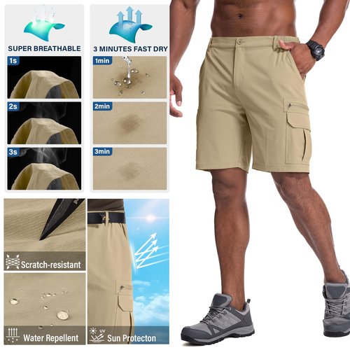 Jessie Kidden Mens Outdoor Casual Expandable Waist Lightweight Water Resistant Quick Dry Fishing Hiking Shorts #6222-Khaki,34