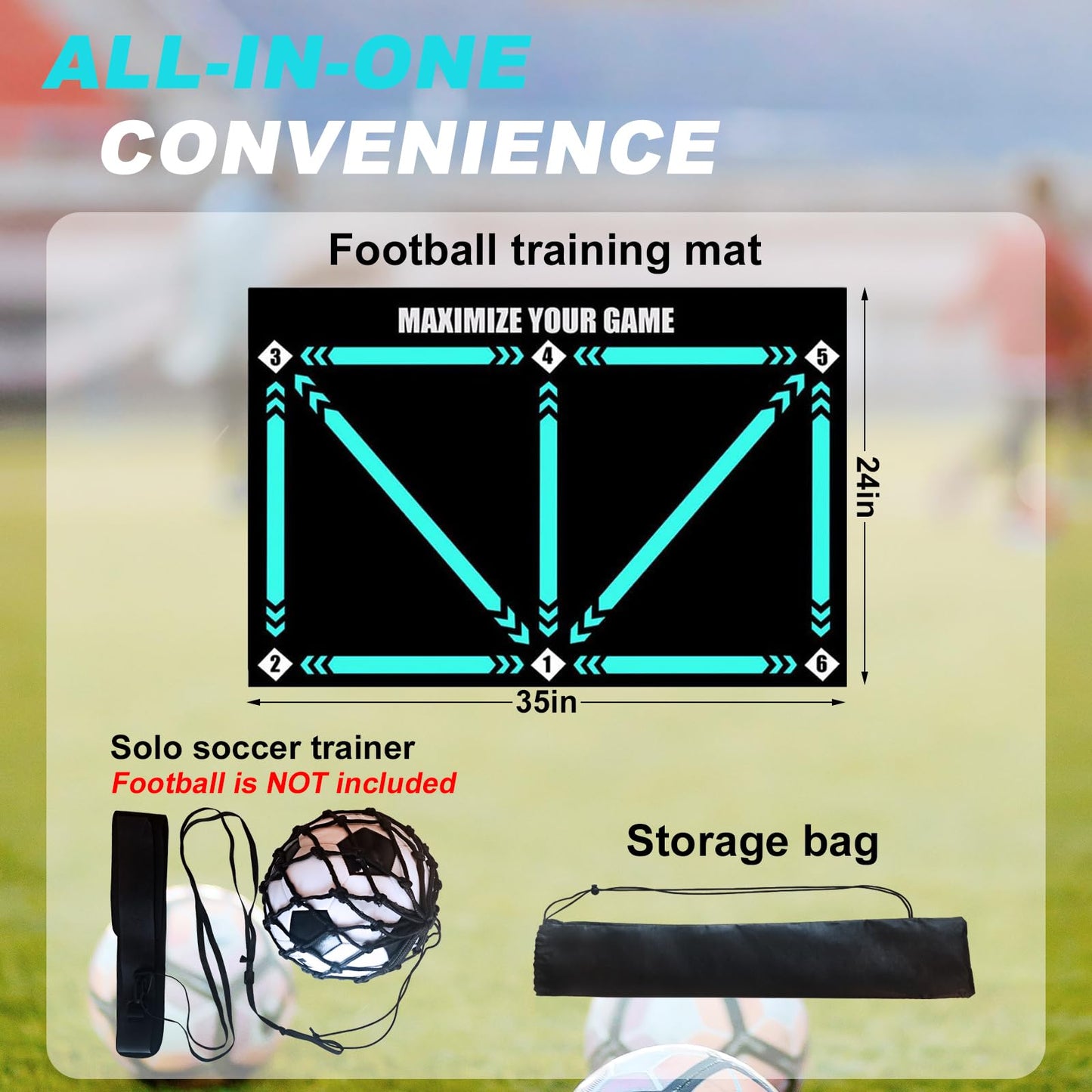 ECENUR Football Footstep Training Mat, Soccer Training Mat 35 * 24IN, Soccer Skills Training Equipment with Storage Bag and Soccer Return Trainer Net (Black-Blue)