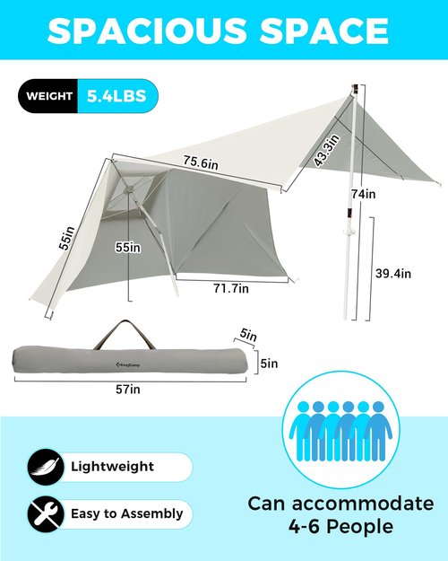 KingCamp Beach Umbrella, 2-in-1 Sun Shade 6x6 FT Windproof& Easy Set Up Sun Shelter with Stability Poles for Camping Trips, Picnics& Backyard