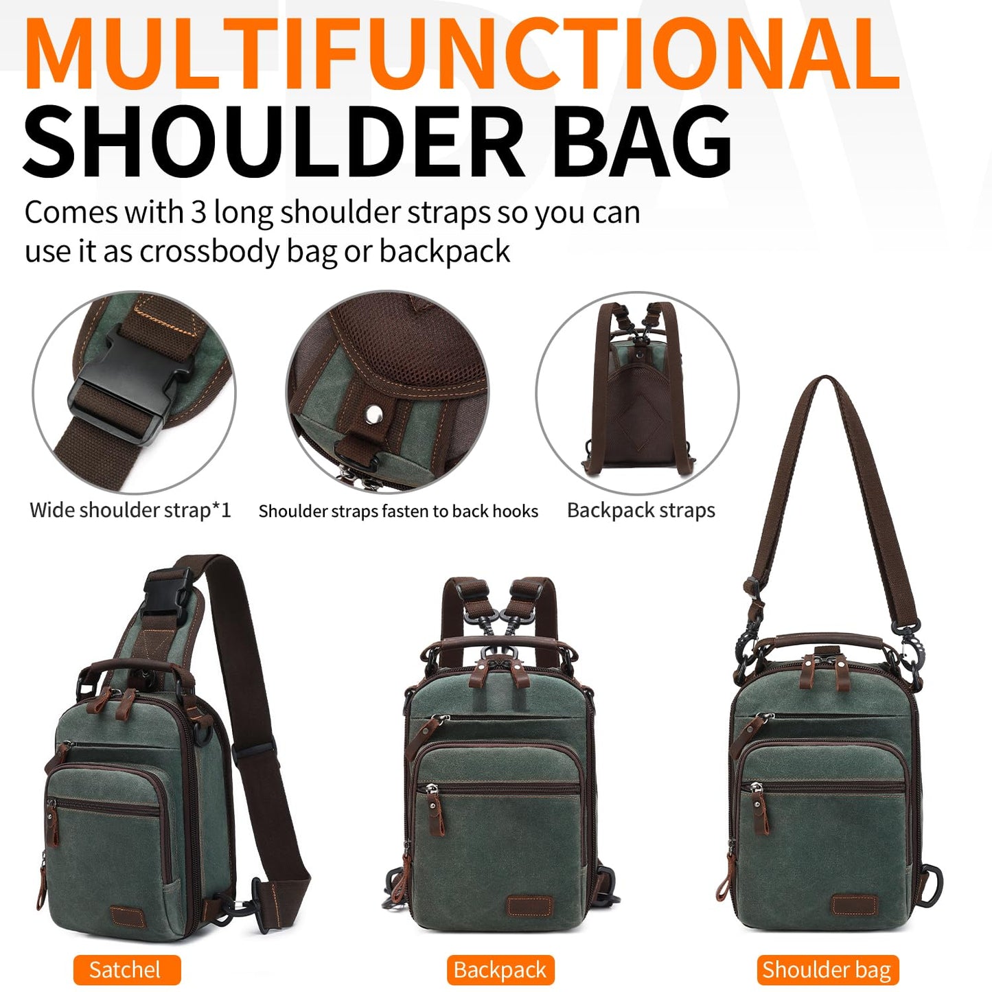 Nerlion Sling Bag for Men Waxed Canvas Crossbody Bag Chest Bag Shoulder Bag Casual Daypack for Travel (Green)