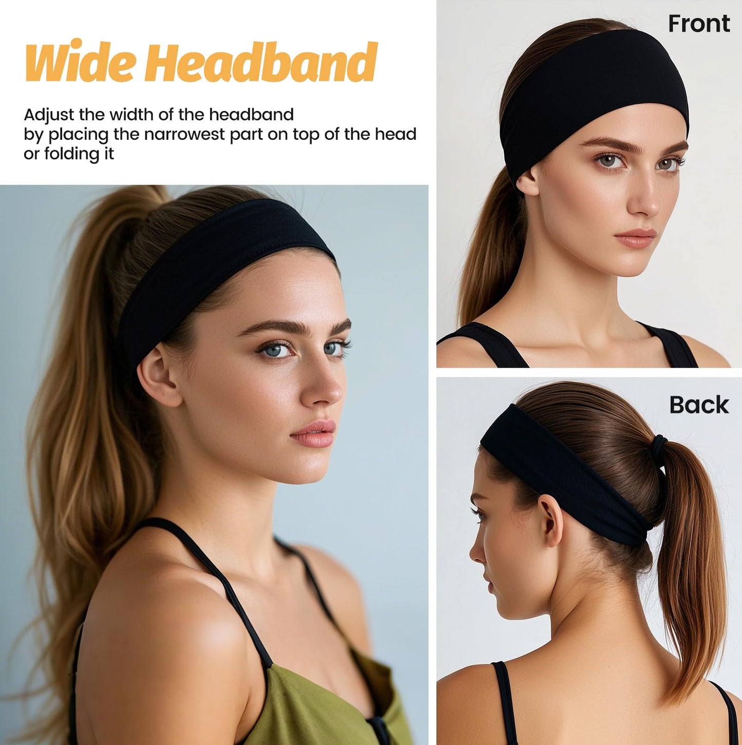 HSEM Headbands for Women - 6 Pack Wide Elastic Hairbands | Ultra-Soft Moisture Wicking Sports Headband | Non-Slip Accessories Bands for Fashion (Orange Blue Grey White RoseRed Black)