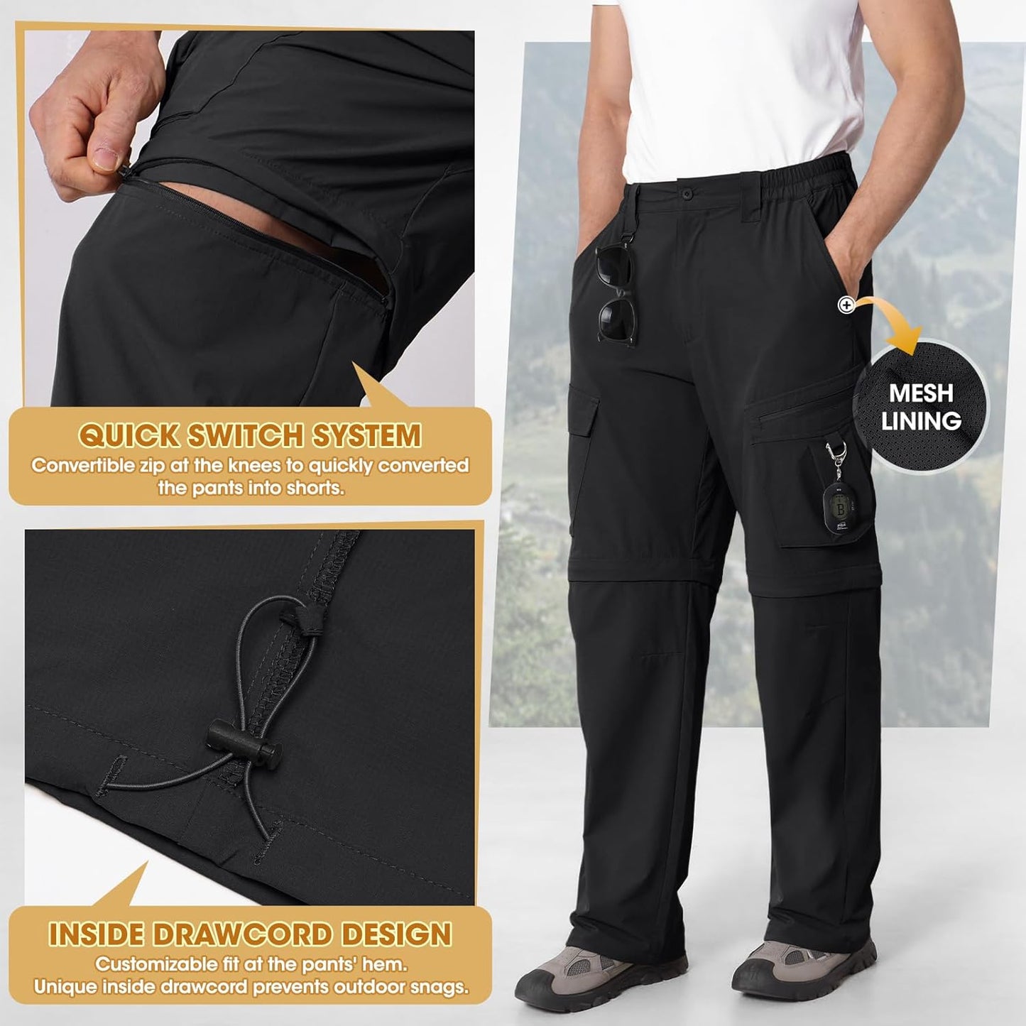 IGOLUMON Mens Hiking Pants Convertible Quick Dry Cargo Pants Water Resistant Lightweight Zip Off Outdoor Pants with 6 Pockets