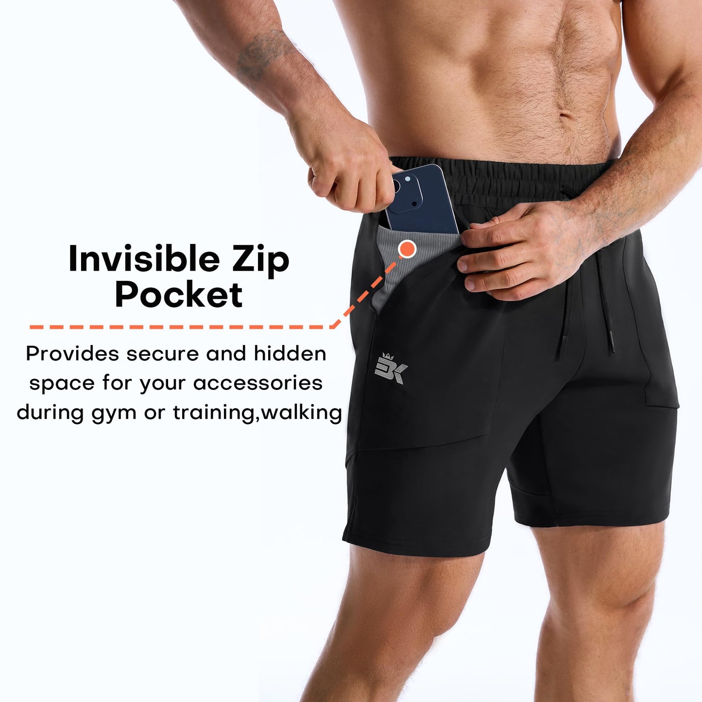 BROKIG Zero Armor Mens Gym Shorts 7" Inseam Slim Fit Anti-Chafing Cotton Workout Shorts with Zipper Pocket(Medium,Black)