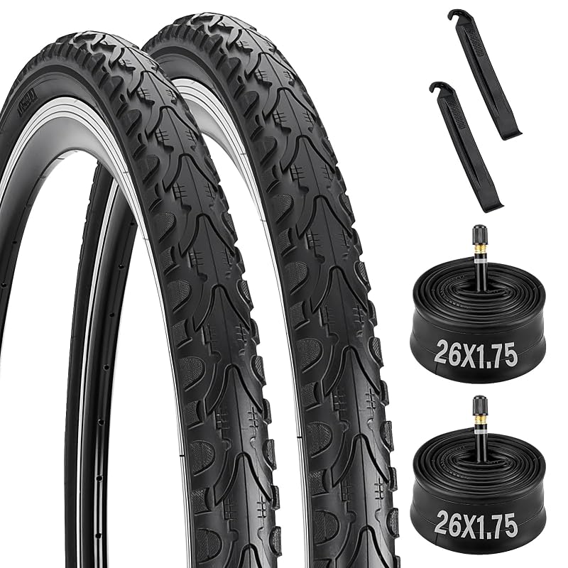 26x1.75 Inch Bicycle Tires Tubes Set – Folding, 2-Pack for 26” Road/Hybrid Bikes