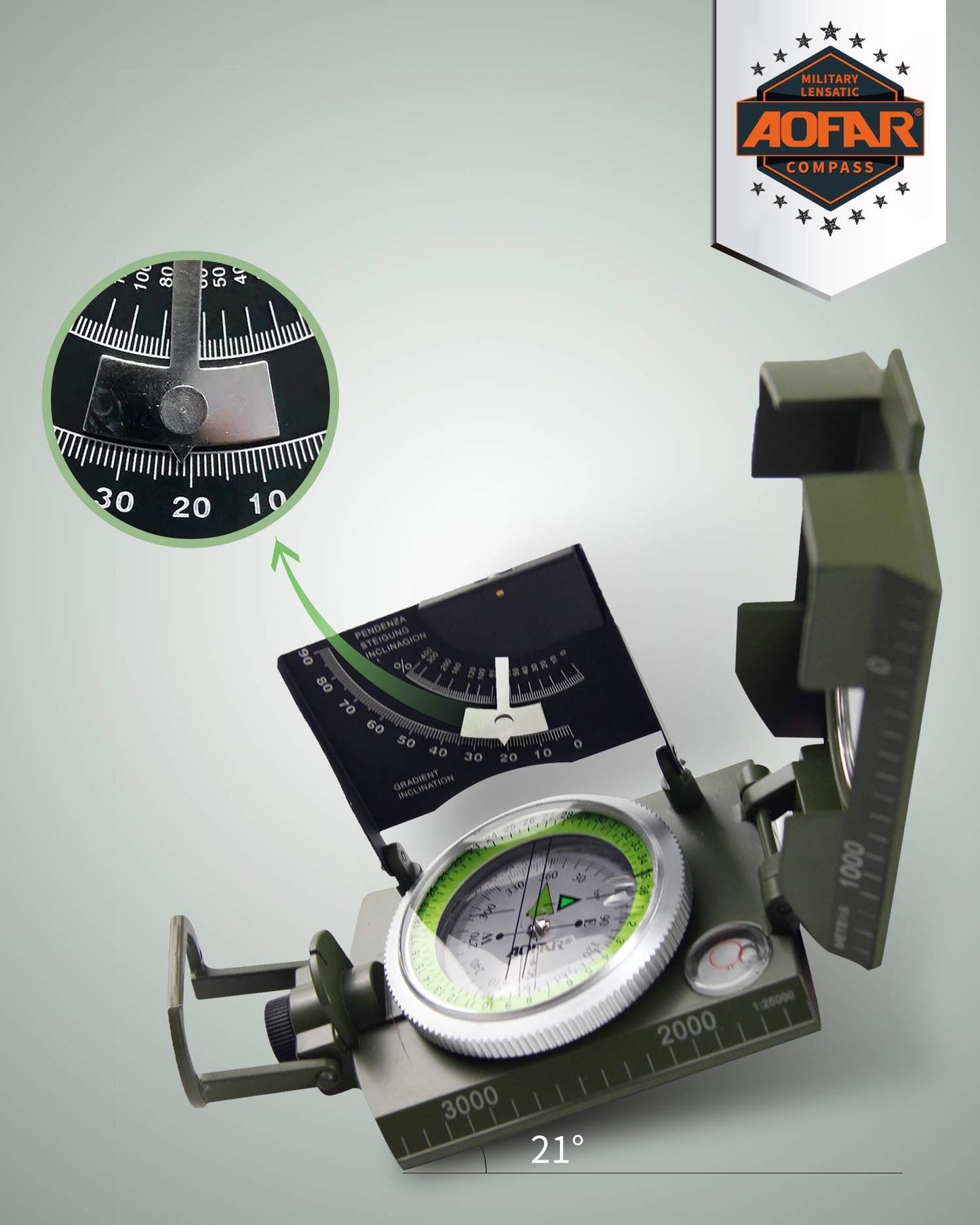 AOFAR AF-4074 Military Compass Lensatic Sighting-Multifunctional, Fluorescent, Waterproof and Shakeproof with Inclinometer and Carrying Bag for Camping, Hiking, Hunting