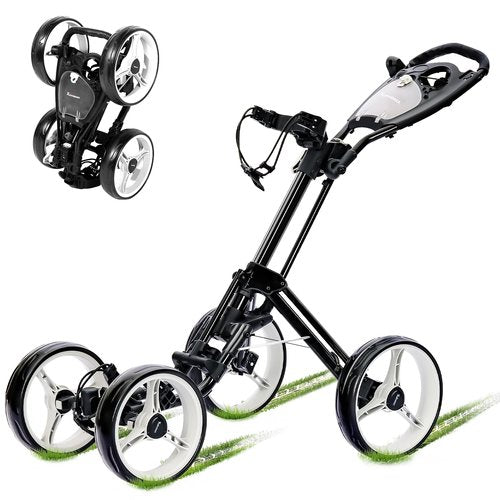 XDriveMax 4 Wheel Golf Push Cart - Aluminum Frame Lightweight, One-Step Foldable Compact Design, Portable Golf Bag Caddy with All-Terrain Wheels