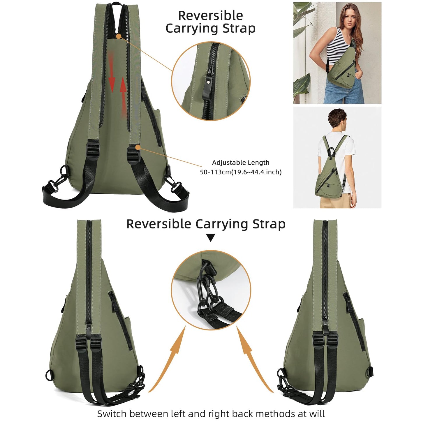 KL928 Crossbody Sling Backpack Nylon Cross Body Bag Travel Hiking Shoulder Bags Daypack Rucksack Unisex (Olive Green)