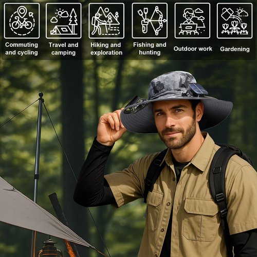 Solar Fan Hat,Wide Brim Solar Powered Fan Hat with 2 Built-in Fans,UPF 50+ Sun Hat for Outdoor Hiking Fishing Camping Green Camouflage