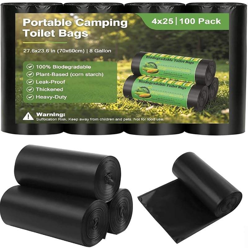 100 Biodegradable Portable Camping Toilet Bags - 4 Rolls, 27.6 x 23.6 in, 1.5 mil Thick, for Buckets & Portable Toilets (Variation: 100)
