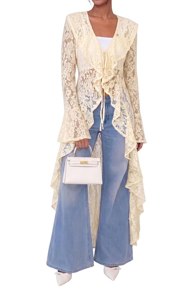 Lace Cardigan for Women Maxi - Open Front Tie Bell Sleeve Duster Cover Up Beige Large