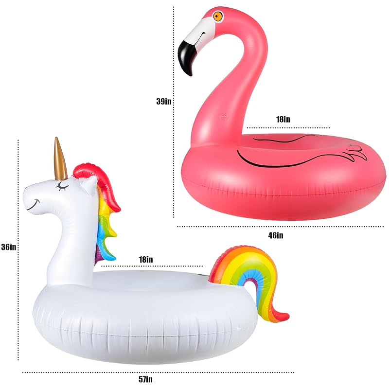 2 Pack Large Inflatable Pool Floats - Flamingo & Unicorn plus Beach Balls, Adult Sized 57x42x36in & 46x42x39in