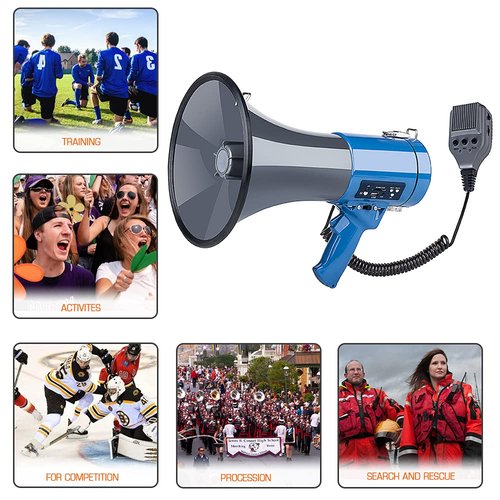 Professional 50 Watt Large Megaphone Bullhorn with Detachable Microphone, USB/SD/MMC reader, AUX Input, recording and Siren - Perfect for Indoor/Outdoor Sporting Events and Crowd Control (Blue)