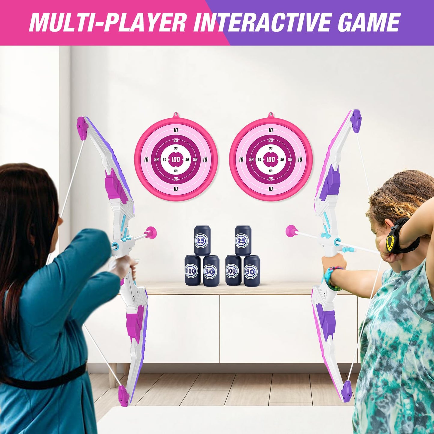 HYES 2 Pack Bow and Arrow for Kids, LED Light Up Archery Set with 24 Suction Cup Arrows, 2 Hanging Targets, 6 Score Targets & 2 Quiver, Indoor Outdoor Sport Toys for Girls Ages 4-12