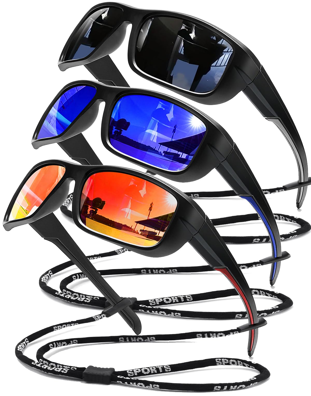 SQOQS 3Pack Polarized Sports Sunglasses for Men, Wrap Around Frame UV400 Goggles Sun Glasses for Cycling Fishing Driving