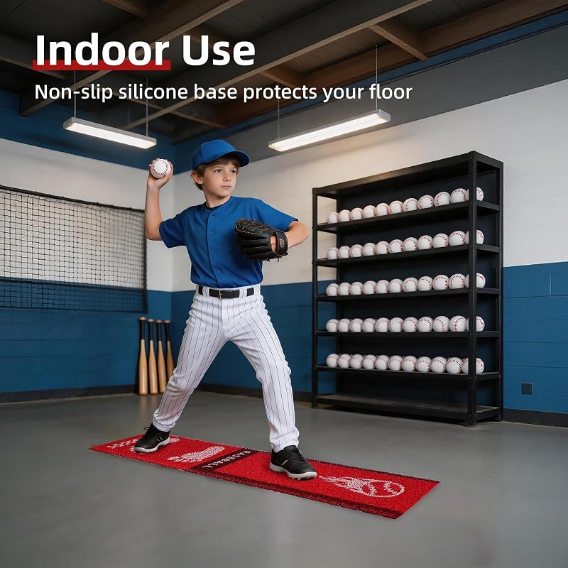 Moonace Baseball Softball Pitching Mat - 65x14 Anti-Slip Training Mat, Red Variation