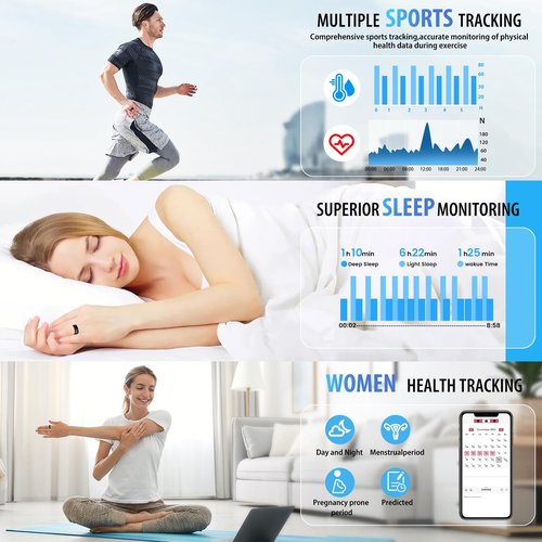 Smart Ring, Smart Health Ring for Women Men, Smart Ring Fitness Tracker, Health&Sleep Tracker,IP68 Waterproof,Remote Camera Control,No App Fee for Standard Features, for iPhone & Android(Black, 8#)