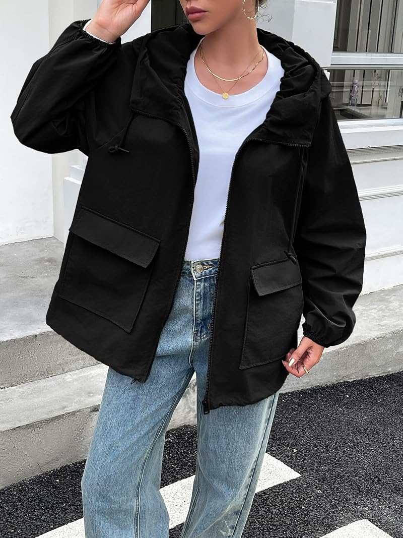 Womens Waterproof Hooded Trench Rain Jacket - Lightweight Windbreaker with Pockets (Black, Medium)