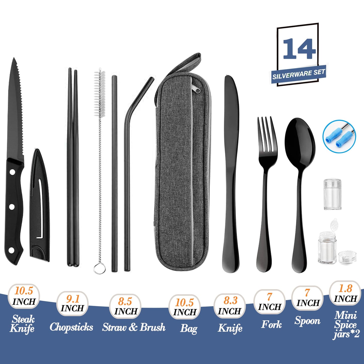 Portable Reusable Travel Utensils Silverware with Case,Travel Camping Cutlery set,Chopsticks and Straw, Flatware Cutlery with Case, Stainless steel Utensil set Top (Black)