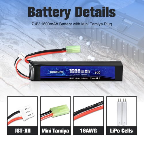 URGENEX Airsoft Battery 7.4V 1600mAh 60C High Discharge Rate Lipo Battery Pack with Mini Tamiya Plug Rechargeable 2S Lipos Fit for Airsoft Model Guns