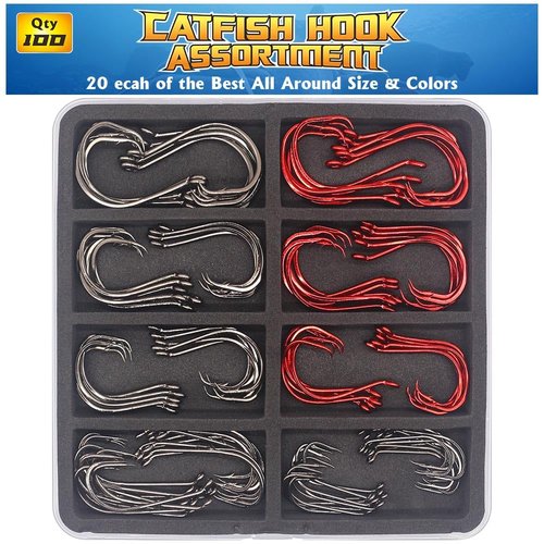 Catfish Hook Set Offset Octopus Circle & Baitholder Hooks 100-Pack Assorted Sizes 8/0 to 2/0 –Fishing Accessories (Catfish Hook Set -100 Pack Assorted)