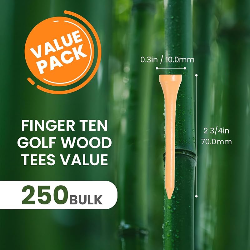 Finger Ten 250 Count Bamboo Golf Tees, 2 3/4" & 3 1/4" & 1 1/2" Bulk Pack - Natural